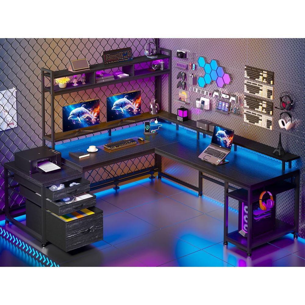 Desk Setup Black And Wood - Biurko gamingowe w kształcie litery L