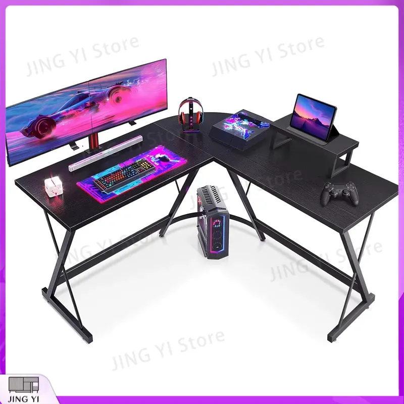 Desk Setup Black And Wood - Biurko gamingowe w kształcie litery L